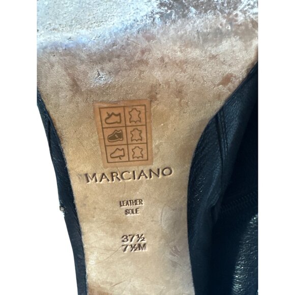 Marciano Womens Black Leather Peep-Toe High-Heel Ankle Booties With Gold Buckle - Picture 7 of 8